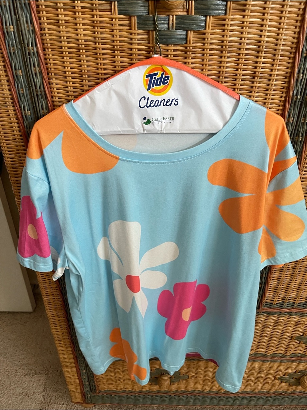 Nameless Light Blue Floral Short Sleeve Tee with Orange and Pink Accents